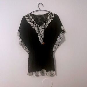 Fantazia Lace Crochet Trim Kaftan Top Size‎ M Black Boho Whimsigoth Peasant